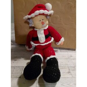 Collectible vintage handmade crocheted Santa Claus doll with a Plastic face 14in
